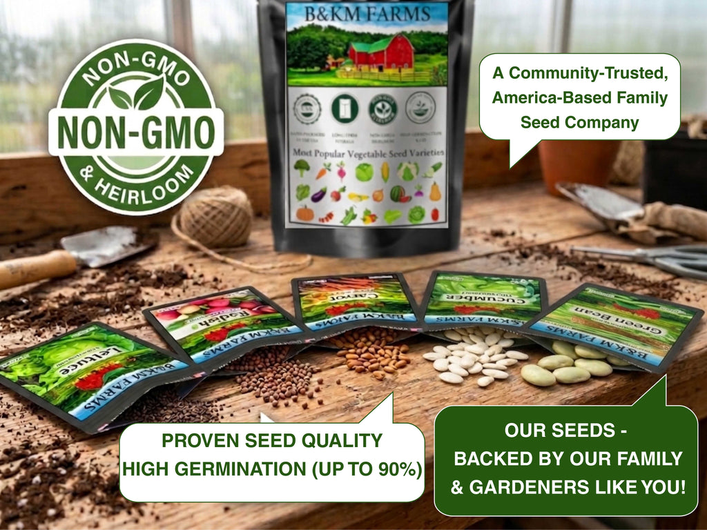 Non-GMO heirloom seed vault pouch with scattered seed packets and garden labels