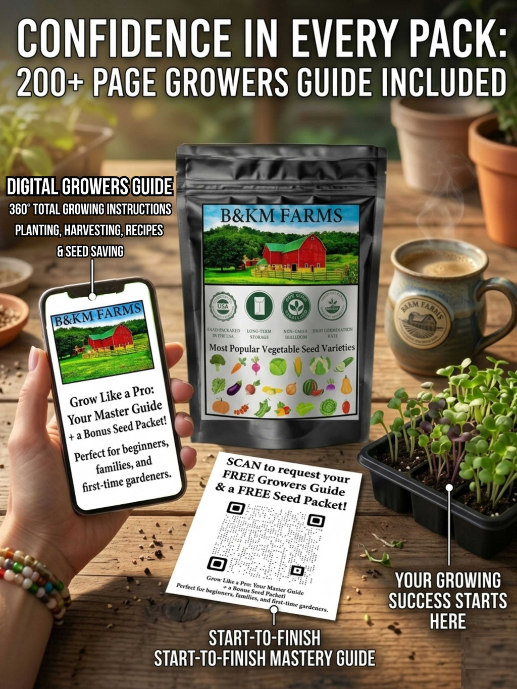 Seed vault pouch with included grower guide and starter seed packets on a table