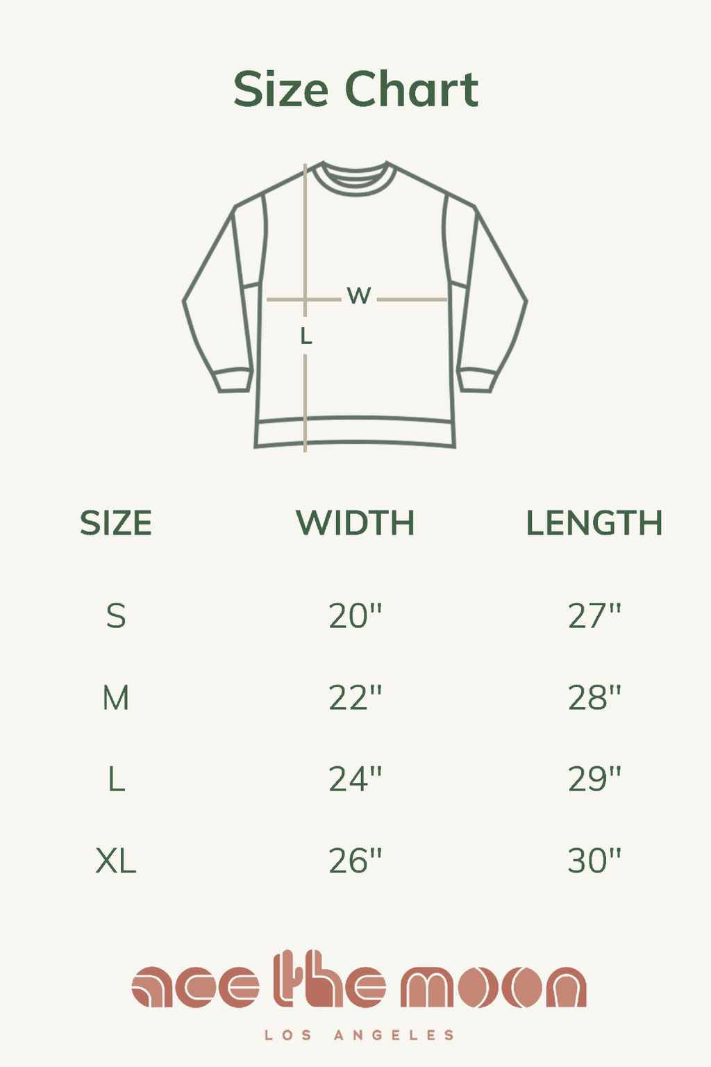 Sweatshirt size chart showing S–XL width and length measurements