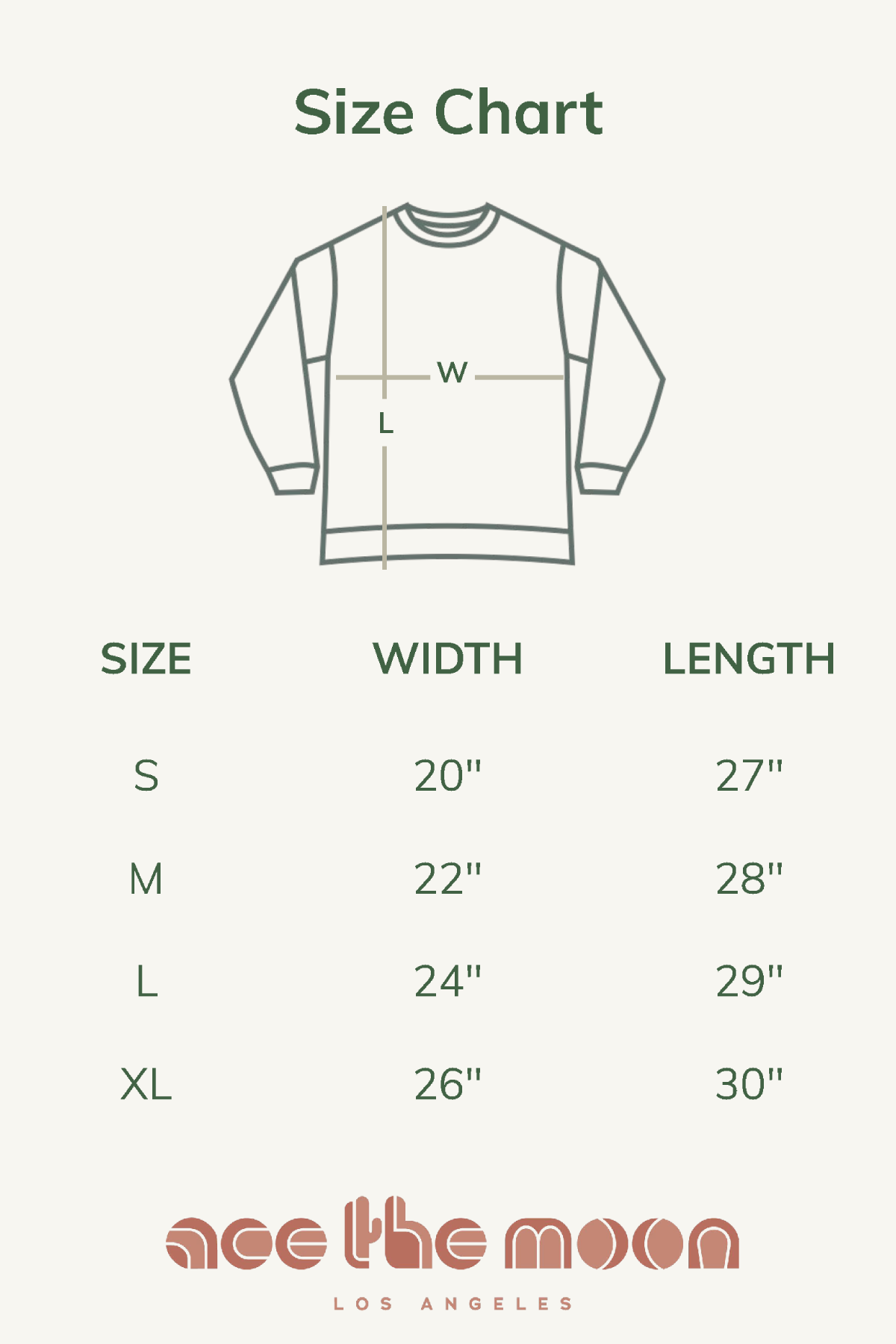 Sweatshirt size chart showing S–XL width and length measurements