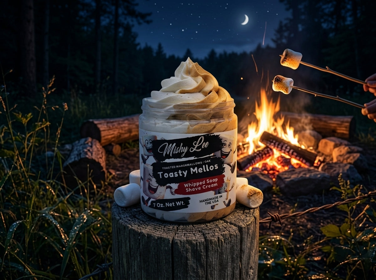 Whipped soap and shave cream jar with cream-tan whipped top on a wooden stump