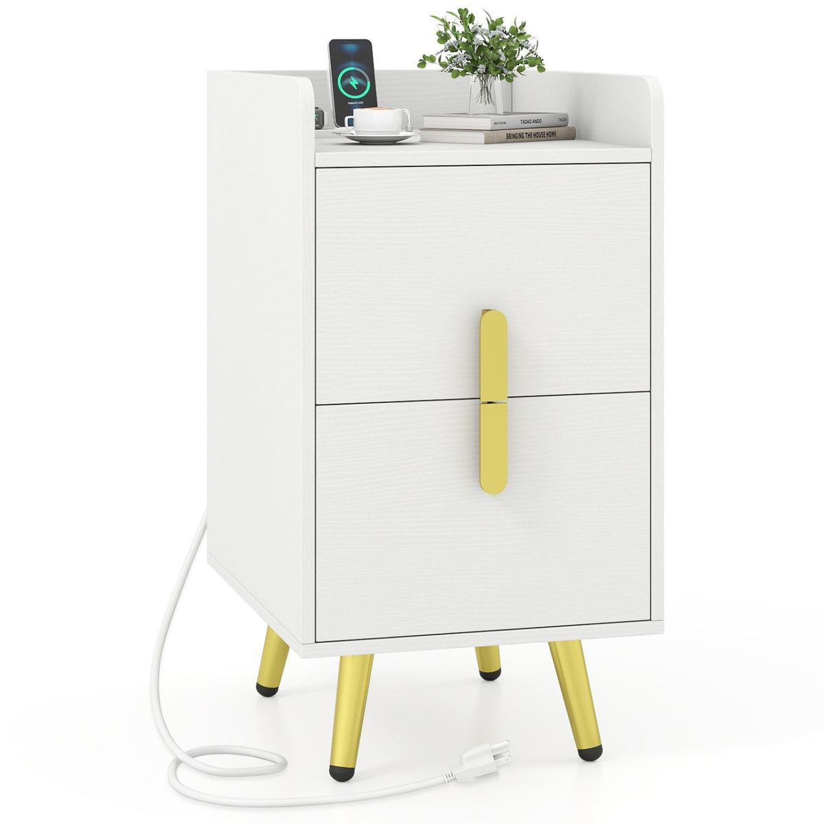 White nightstand side table with drawer front and charging cable, front view