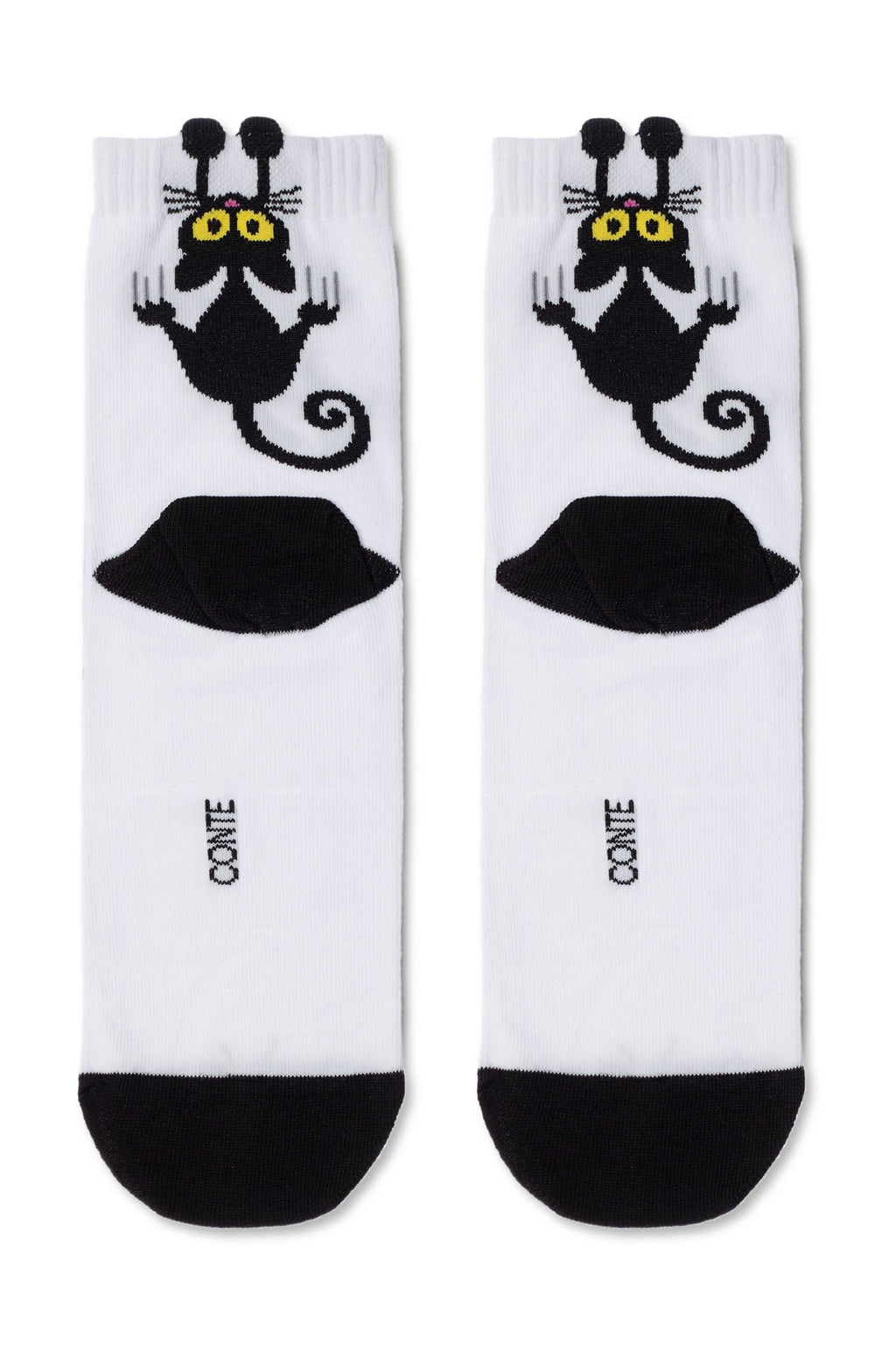 Set of white crew socks featuring two large black cat faces with ribbed cuffs