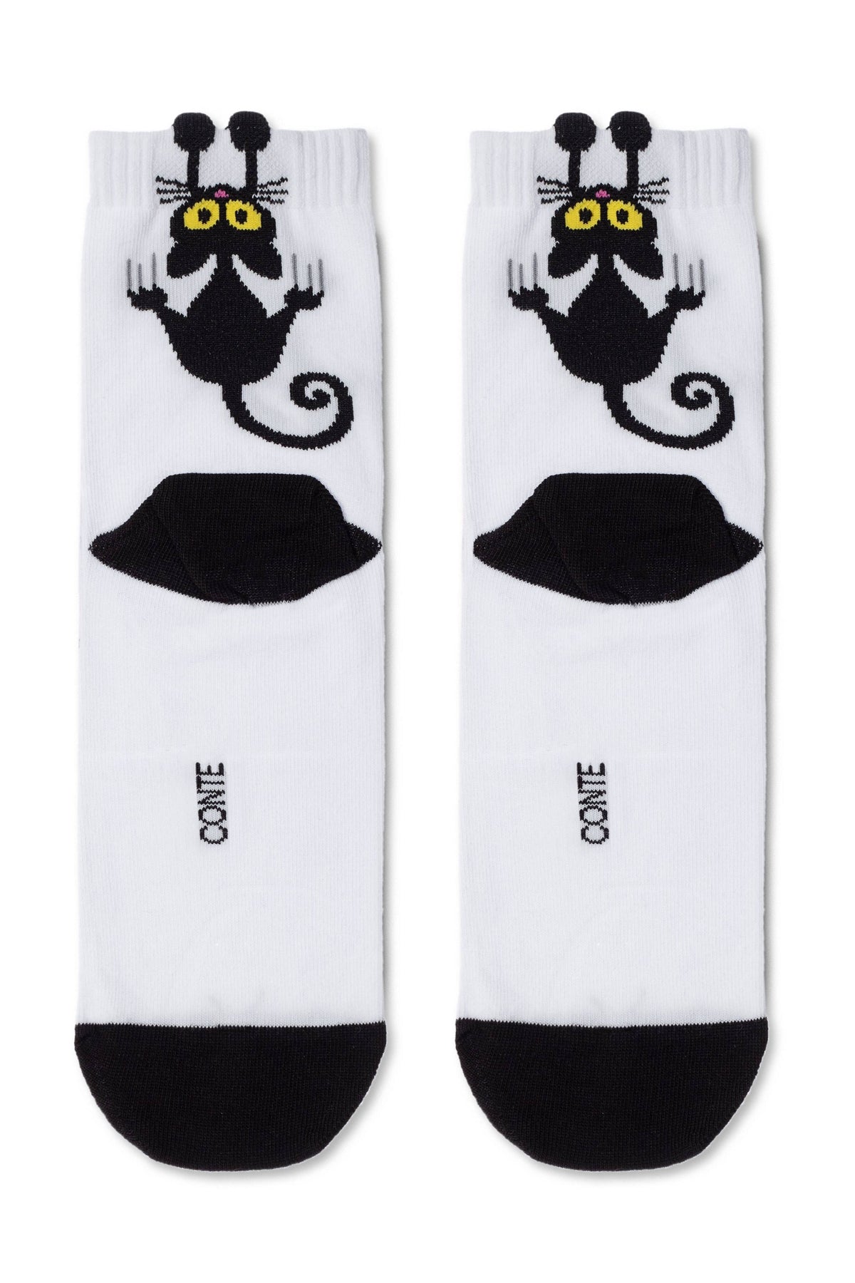 Set of white crew socks featuring two large black cat faces with ribbed cuffs