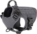 Gray tactical dog harness with MOLLE panels, padded lining, and top handle