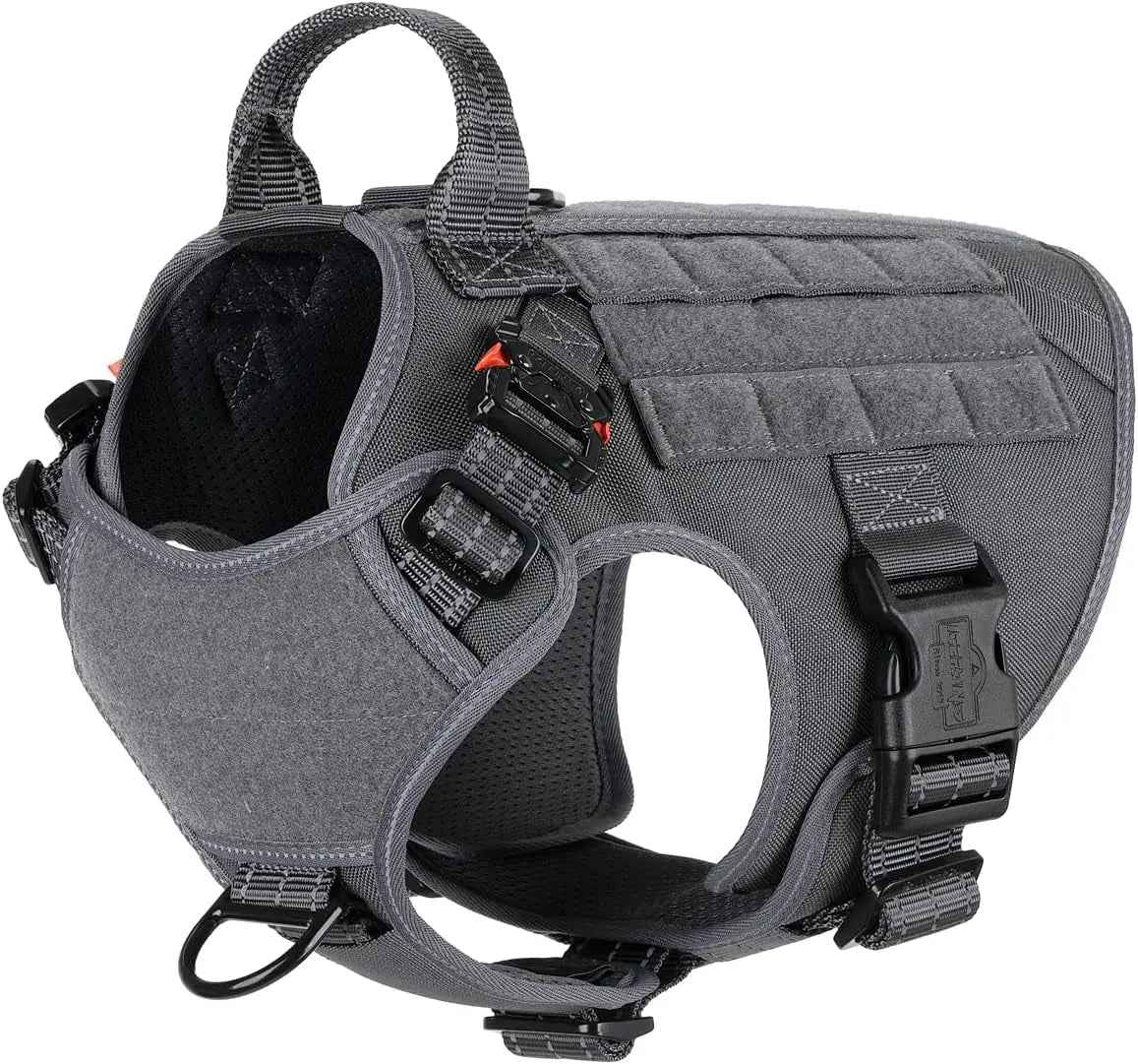 Gray tactical dog harness with MOLLE panels, padded lining, and top handle