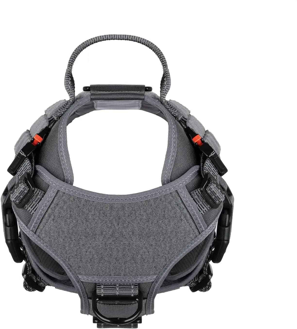 Rear view of gray tactical dog harness showing padded chest panel and straps