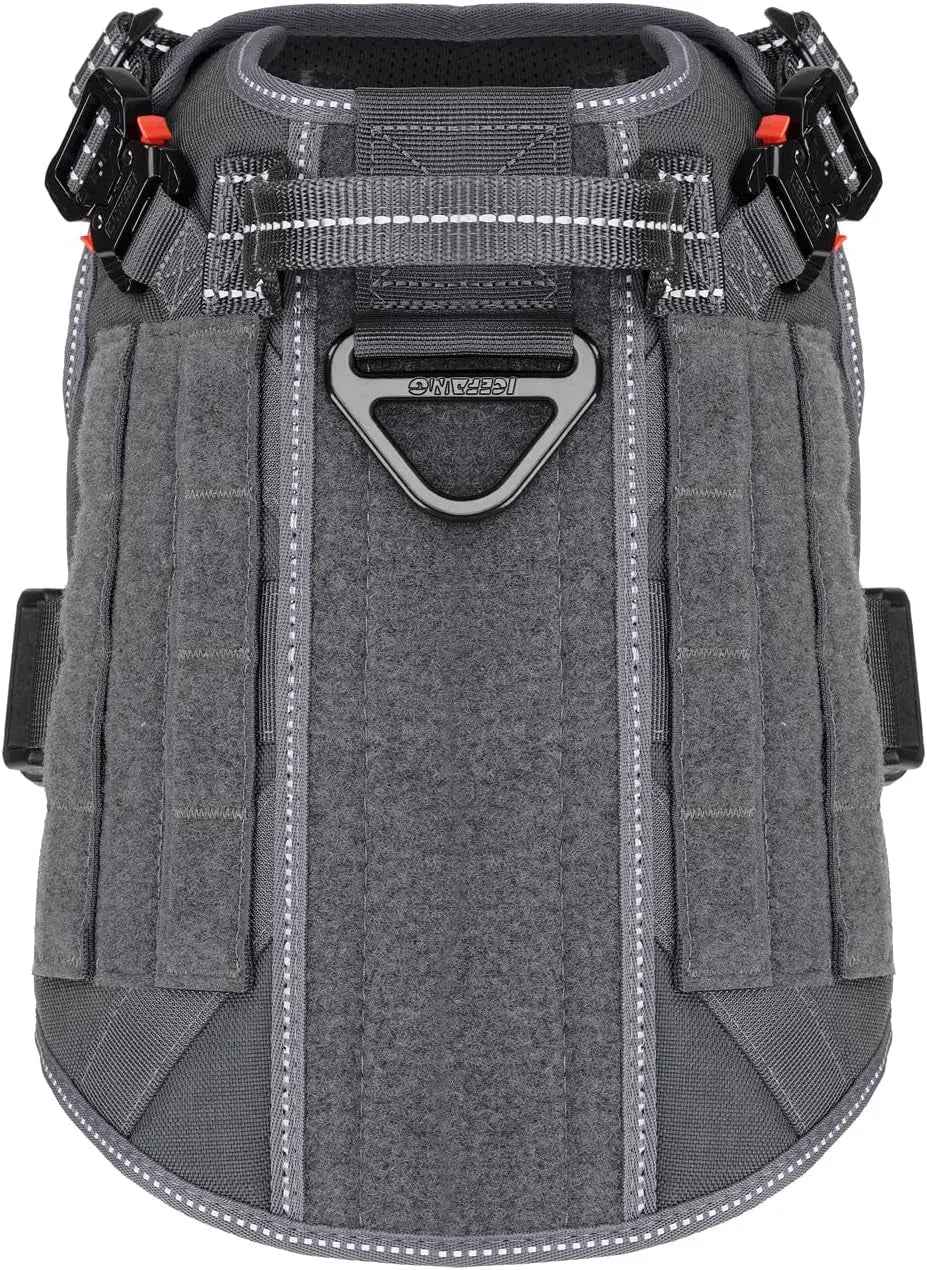 Back view of gray tactical dog harness with attachment ring and MOLLE side panels