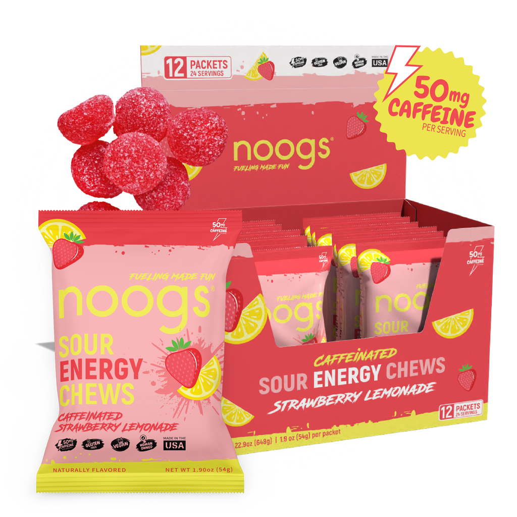 Boxed assortment of sour energy chew bags with strawberry lemon flavor graphics