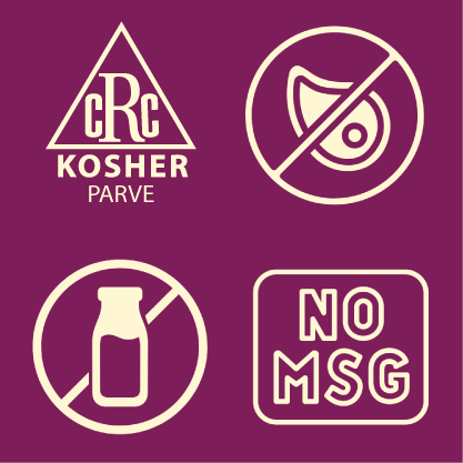 Kosher parve and no MSG icons with symbols on a product label