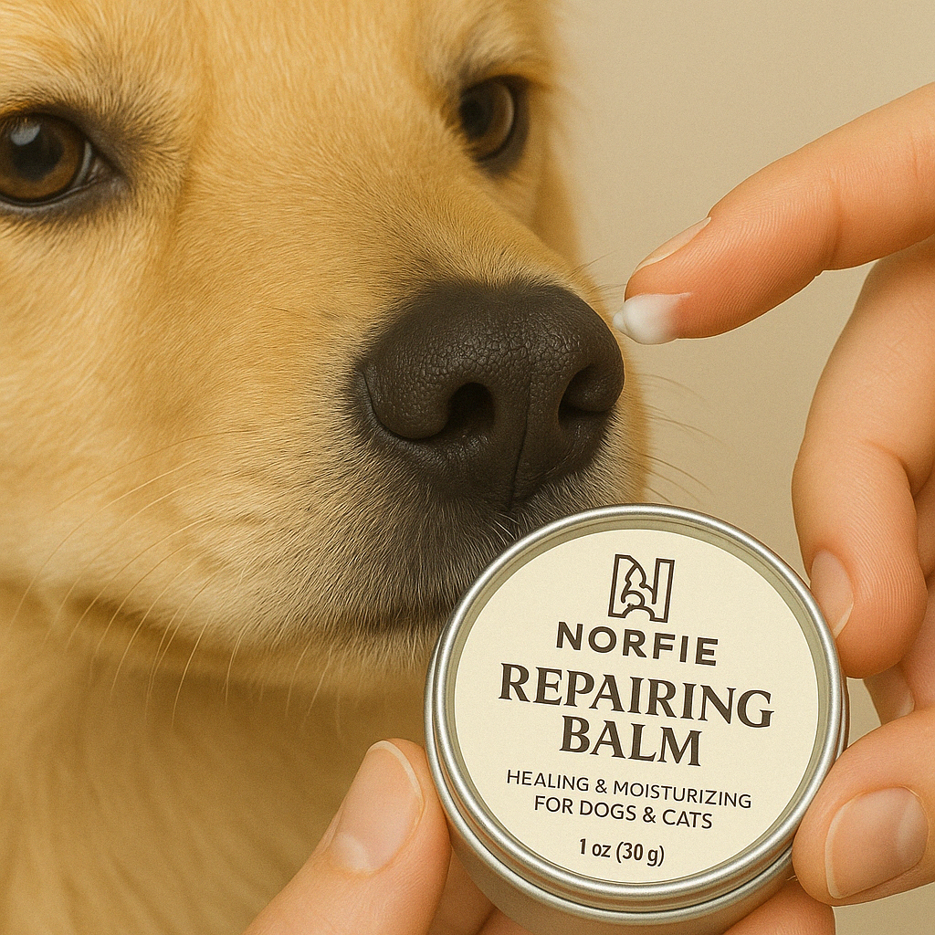 Pet repairing balm tin near dog face while applying white balm to nose