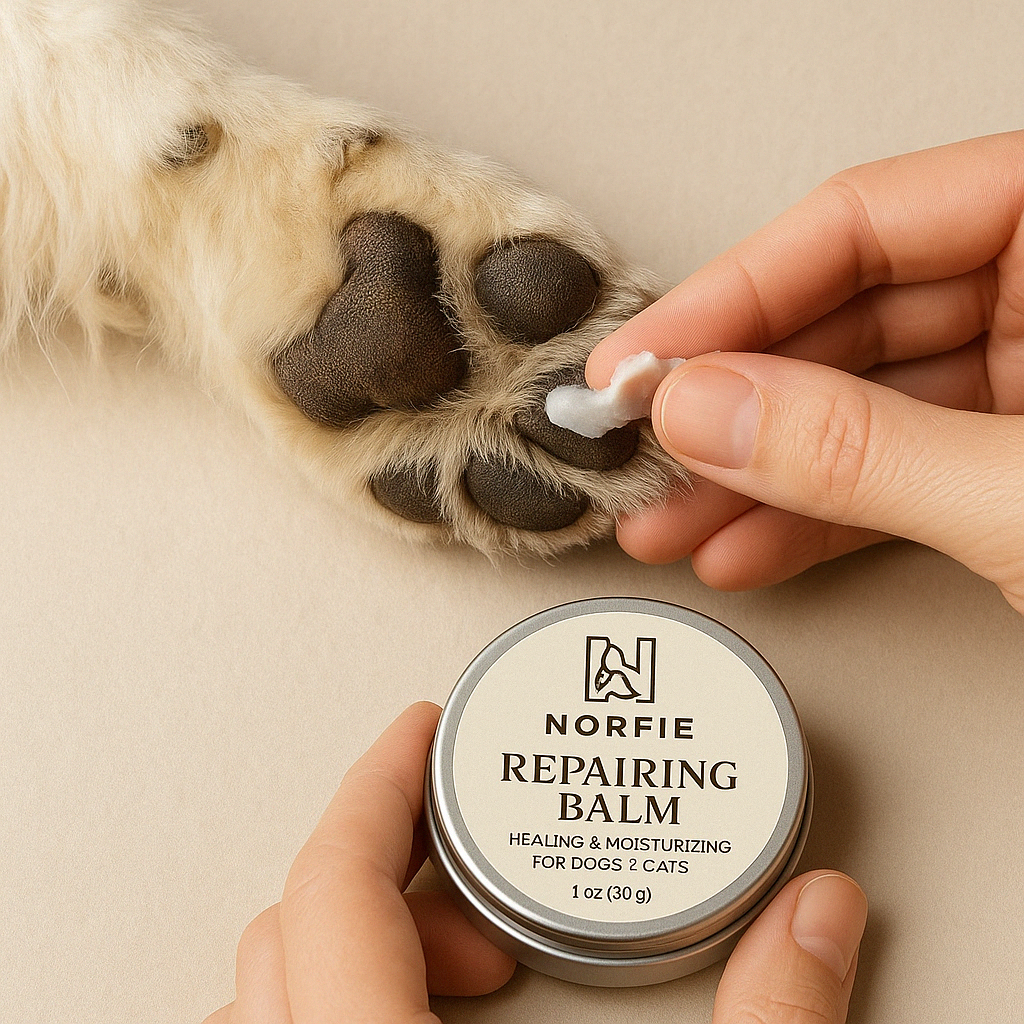 Pet repairing balm tin held while applying white balm to dog nose pads