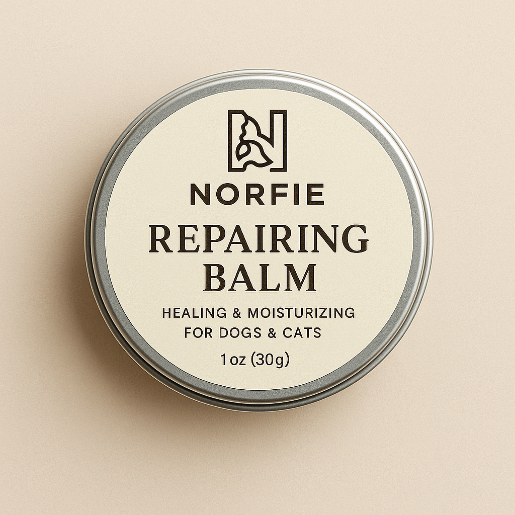 Pet repairing balm tin with NORFIE REPAIRING BALM label, round silver lid