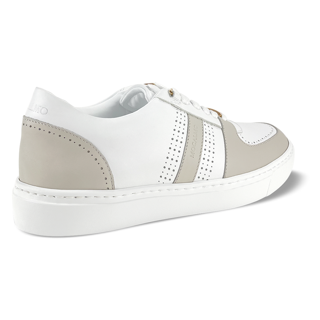 Women’s ivory low-top sneakers with gray heel panel and perforated side stripe