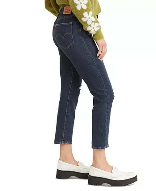 Women's dark indigo straight-leg cropped jeans with belt loops and front pockets