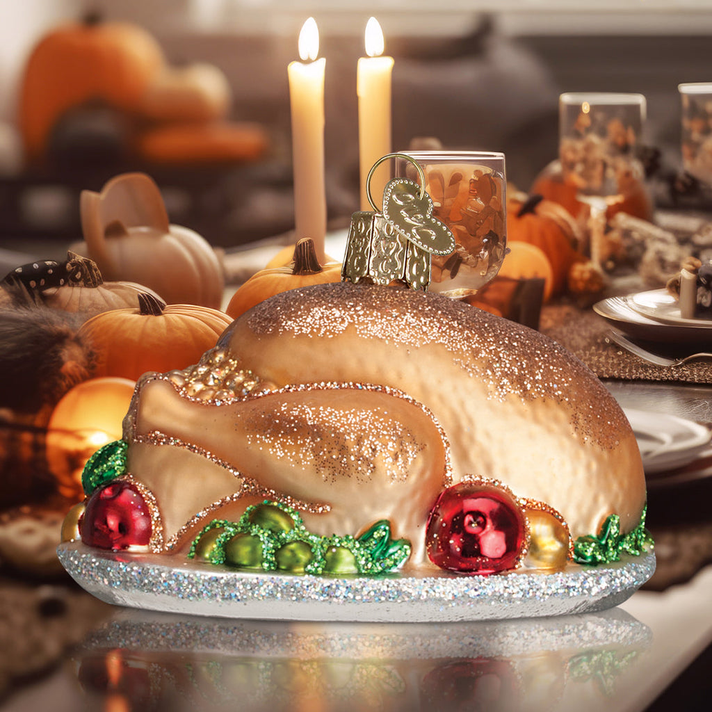 Turkey platter ornament with glittered gold top and red/green berry accents