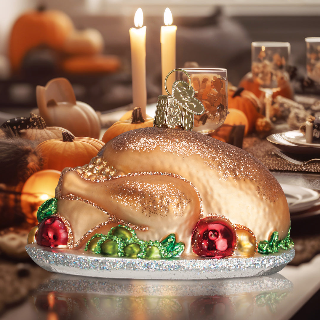 Turkey platter ornament with glittered gold top and red/green berry accents