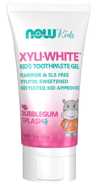 Kids' XyliWhite toothpaste gel in Bubblegum Splash, tube with cap base.