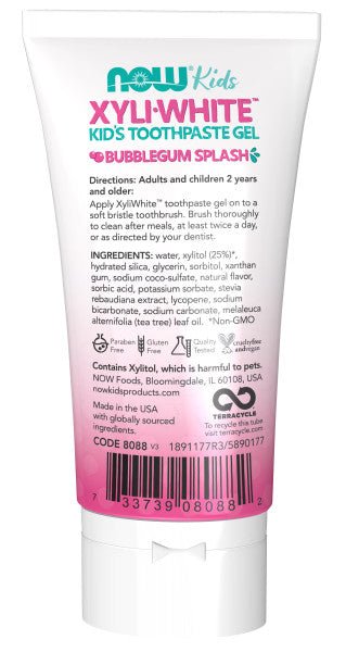 Kids' XyliWhite toothpaste gel back label with directions and barcode, Bubblegum.