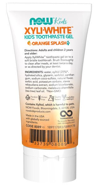 Kids' XyliWhite toothpaste gel back label with directions and barcode, Orange.