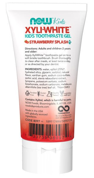 Kids' XyliWhite toothpaste gel back label with directions and barcode, Strawberry.