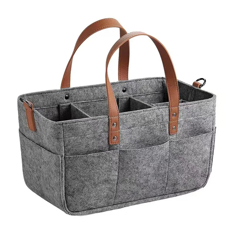 Felt nursery storage basket with PU leather handles and inner divider compartments, grey