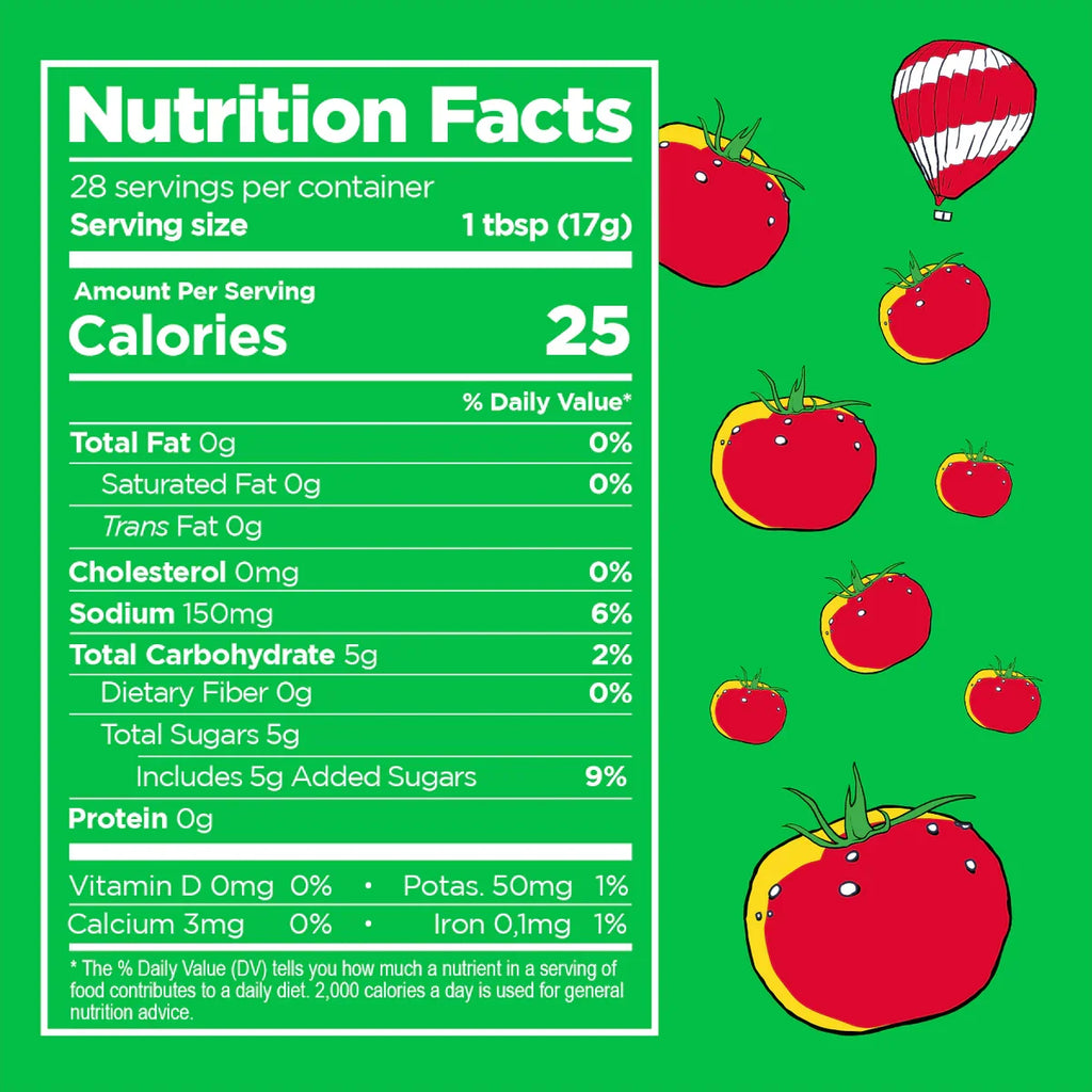 Tomato ketchup Nutrition Facts panel with serving size and calories per tablespoon