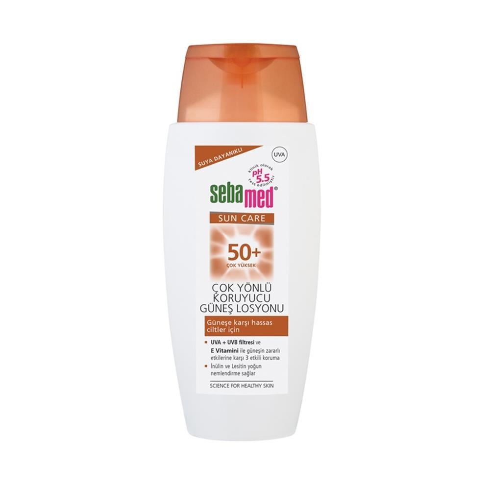 Sebamed SPF 50+ sun care lotion bottle, front label