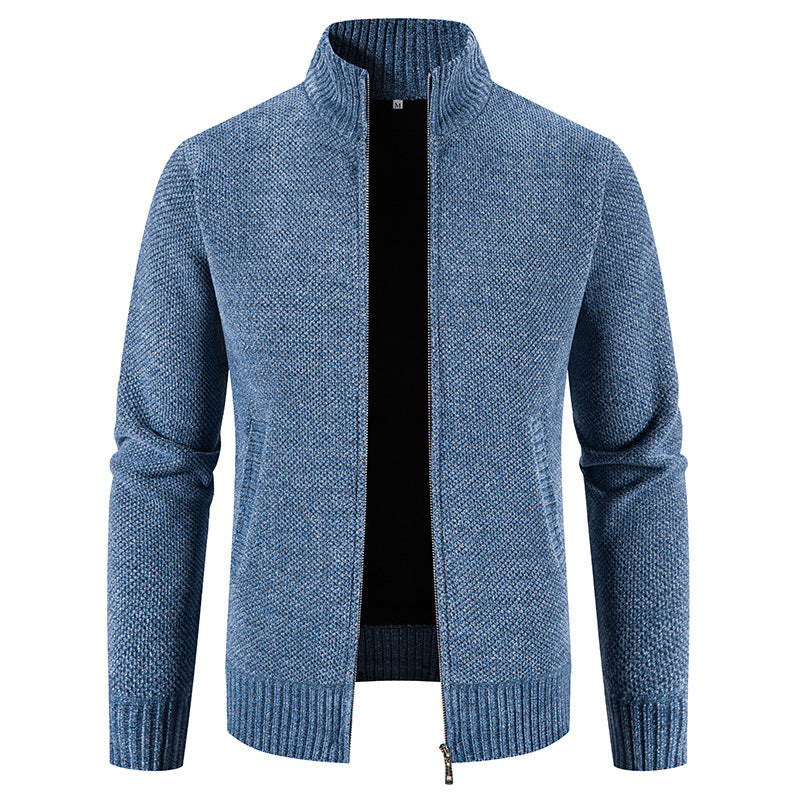 Blue heathered zip-front sweater cardigan, ribbed stand collar, long sleeves