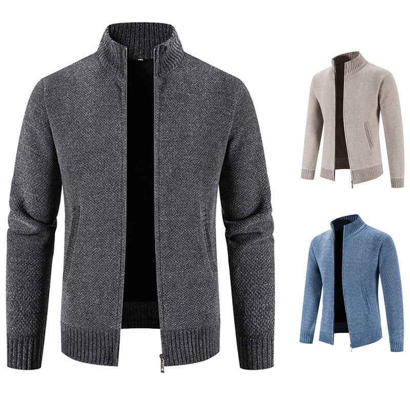 Dark gray zip-front sweater cardigan, ribbed stand collar, long sleeves