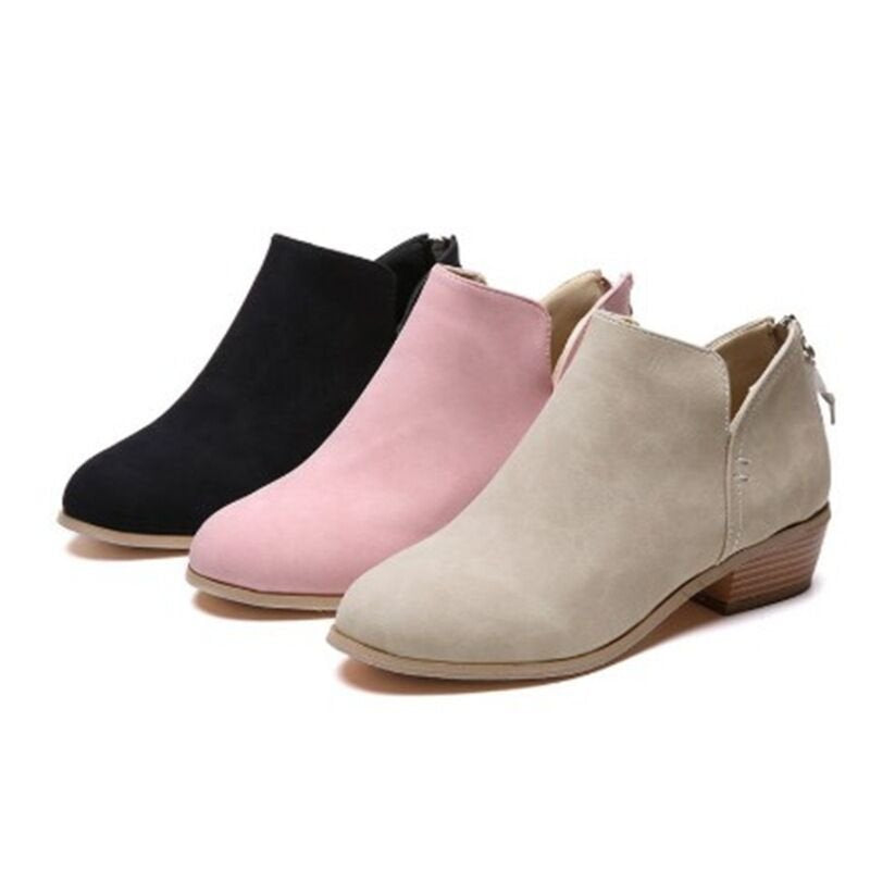 Women’s ankle boots set: pink and ivory suede, pointed toe, low block heels, back zipper.