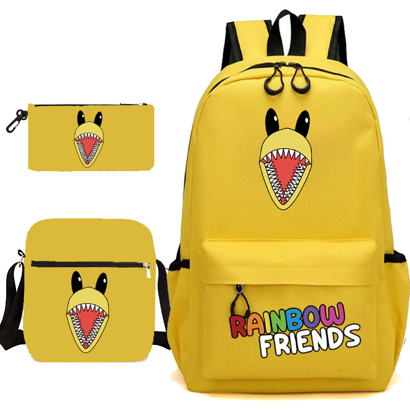Yellow Rainbow Friends backpack set with cartoon shark face, plus pencil case and small crossbody