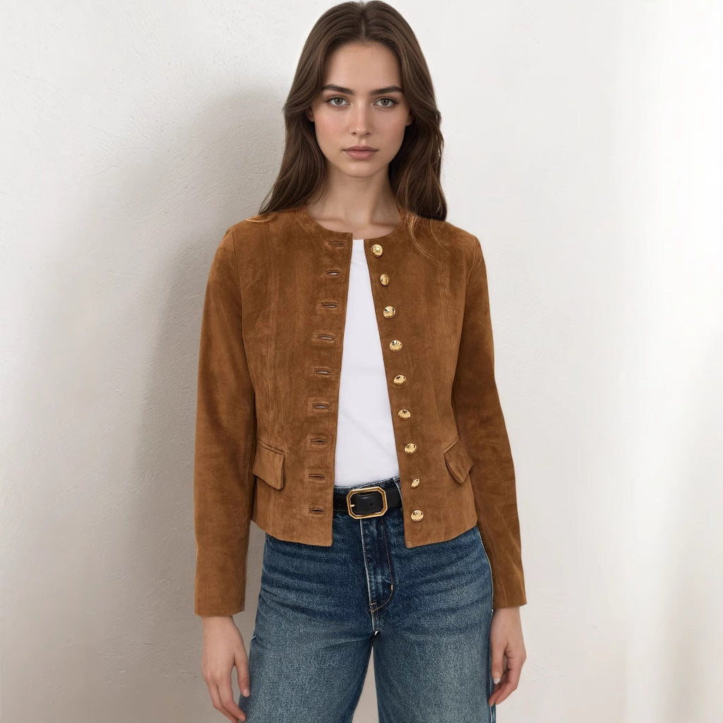 Brown suede short single-breasted jacket with gold buttons and flap pockets