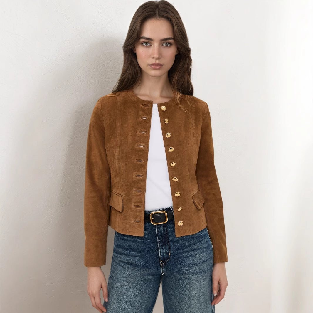 Brown suede short single-breasted jacket with gold buttons and flap pockets