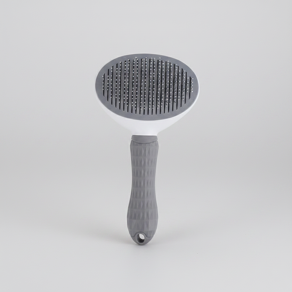 Gray self-cleaning slicker brush with oval spiked head and textured non-slip handle