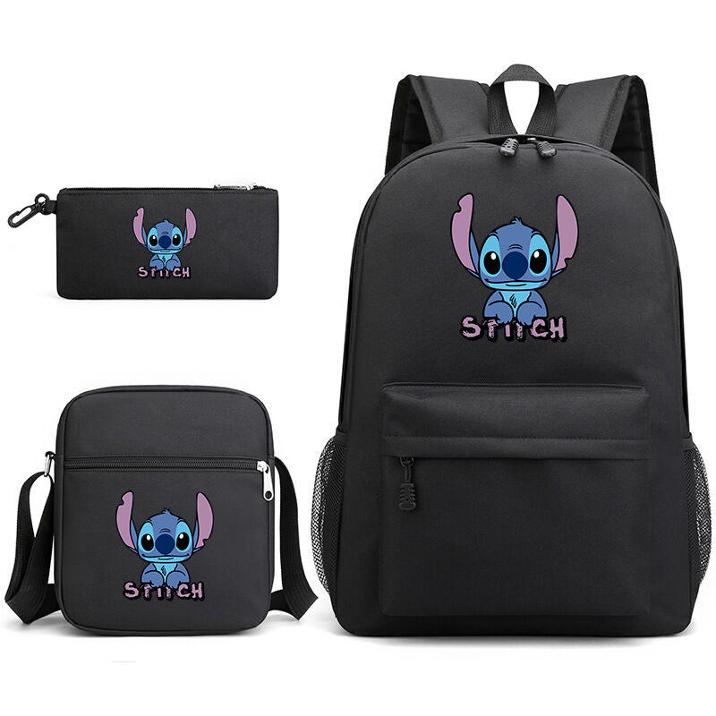 Black Stitch backpack set with small zip pouch; Stitch character logo on front