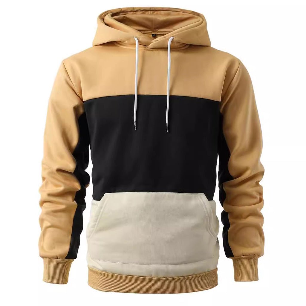 Mens tan and black colorblock hoodie with hood, white drawstrings, and front pocket.