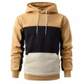 Mens tan and black colorblock hoodie with hood, white drawstrings, and front pocket.