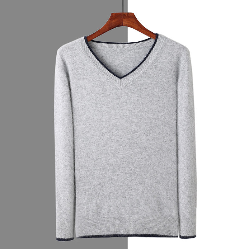 Men's V-neck thermal pullover sweater, heather gray with dark V-neck trim, long sleeves