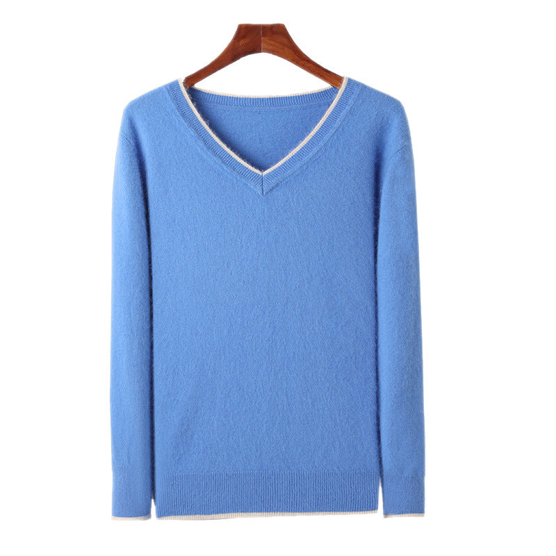 Men's V-neck thermal pullover sweater, light blue with light contrast trim at neckline