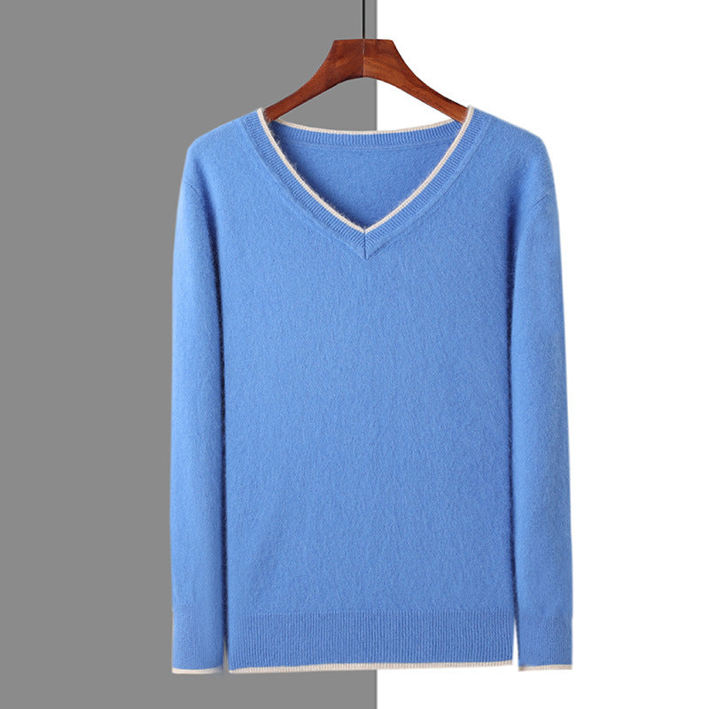 Men's V-neck thermal pullover sweater, light blue with contrast trim, long sleeves