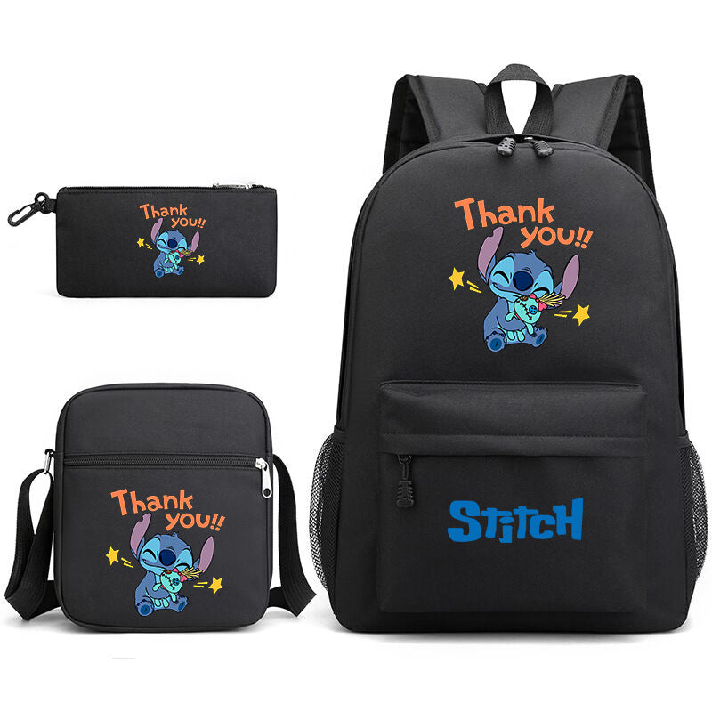 Black Stitch backpack set with matching zip pouch; “Thank you!” text and Stitch character art
