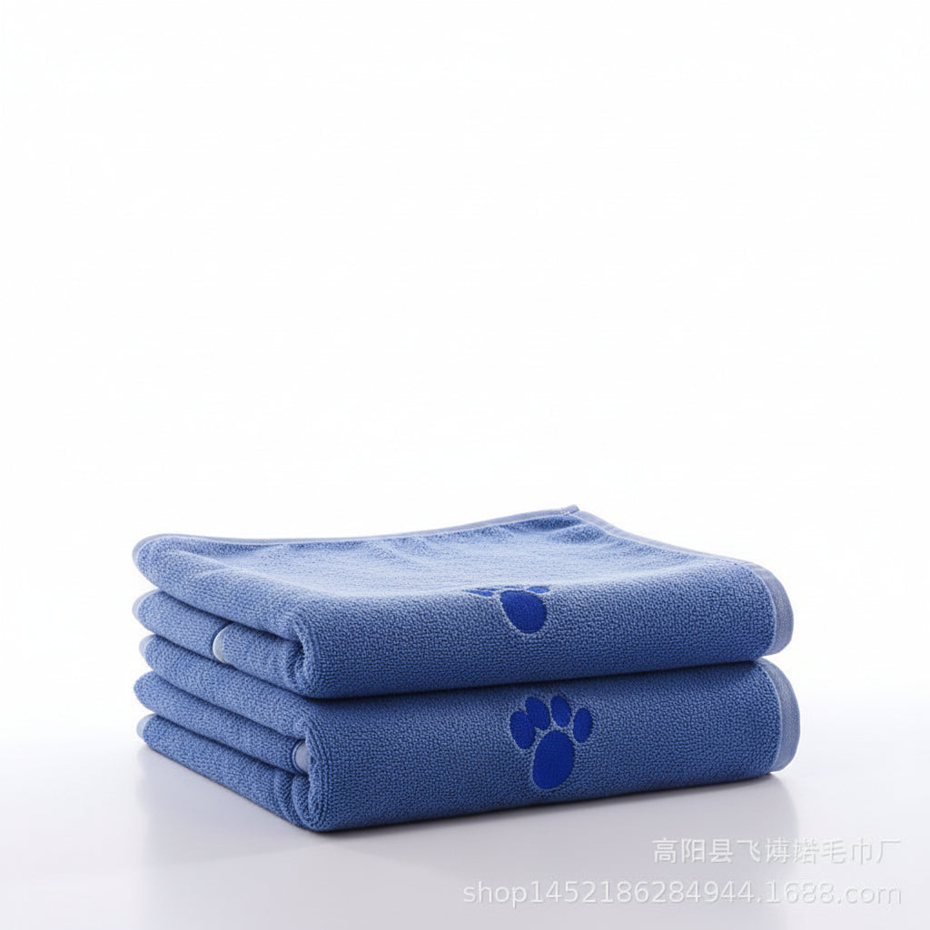 Quick-dry towel, blue folded stack with paw-print and dot emblem