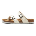 Women's cork sandals in white with two adjustable buckle straps and cork outsole.