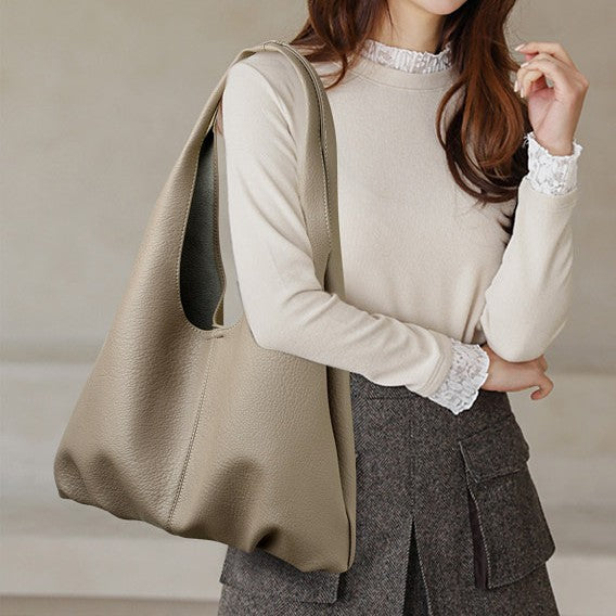 Soft leather shoulder tote bag with open top and wide handles, taupe
