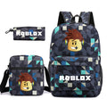Three-piece school bag set with dark geometric backpack and matching pencil bag, teal accents
