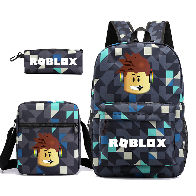 Three-piece school bag set with dark geometric backpack and matching pencil bag, teal accents