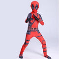 Red-and-black superhero cosplay bodysuit with hood and eye mask, wide stance
