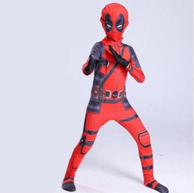 Red-and-black superhero cosplay bodysuit with hood and eye mask, wide stance
