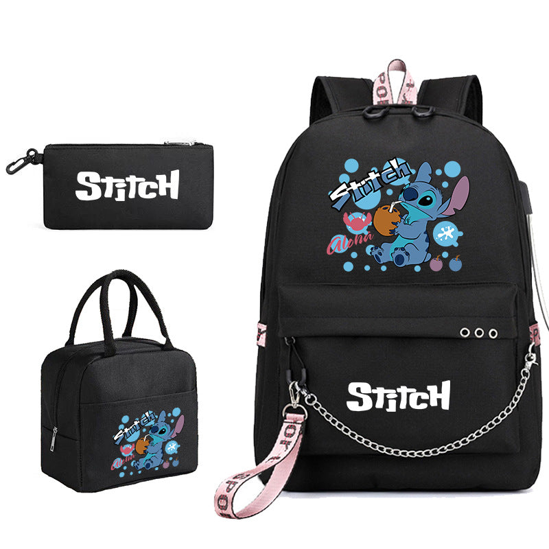 Black Stitch backpack set with small zip pouch; Stitch character artwork and chain across front